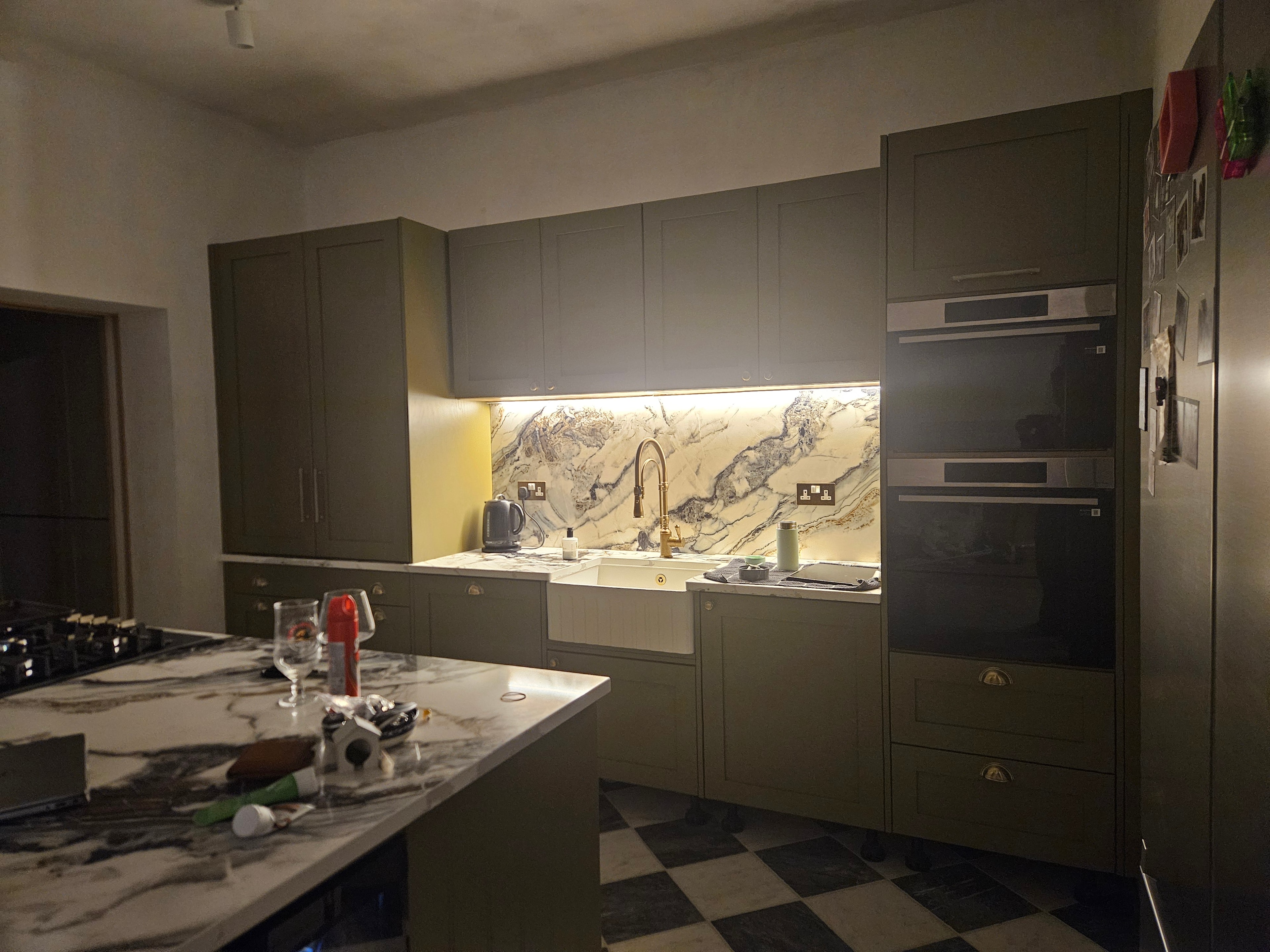 Evening shot with under-cabinet lights on